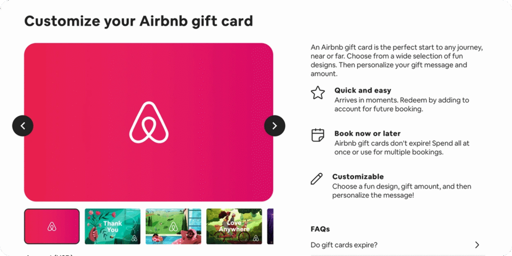 Customize your Airbnb gift card with personalized designs and booking options Airbnb gift card customization page showing pink Airbnb card design with options to personalize message, amount, and style