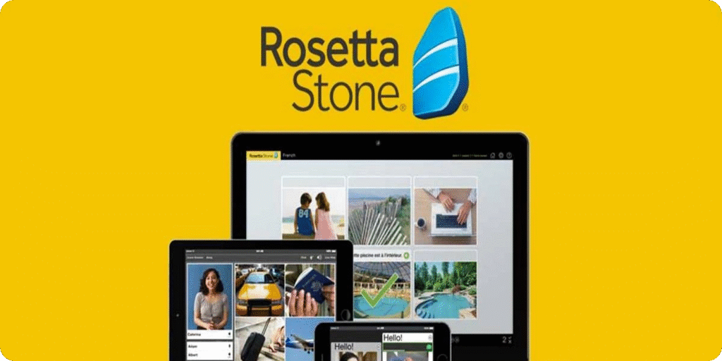 Rosetta Stone language learning software with interactive lessons on multiple devices Rosetta Stone language learning logo with tablet, smartphone, and laptop screens showing interactive lessons on a yellow background.