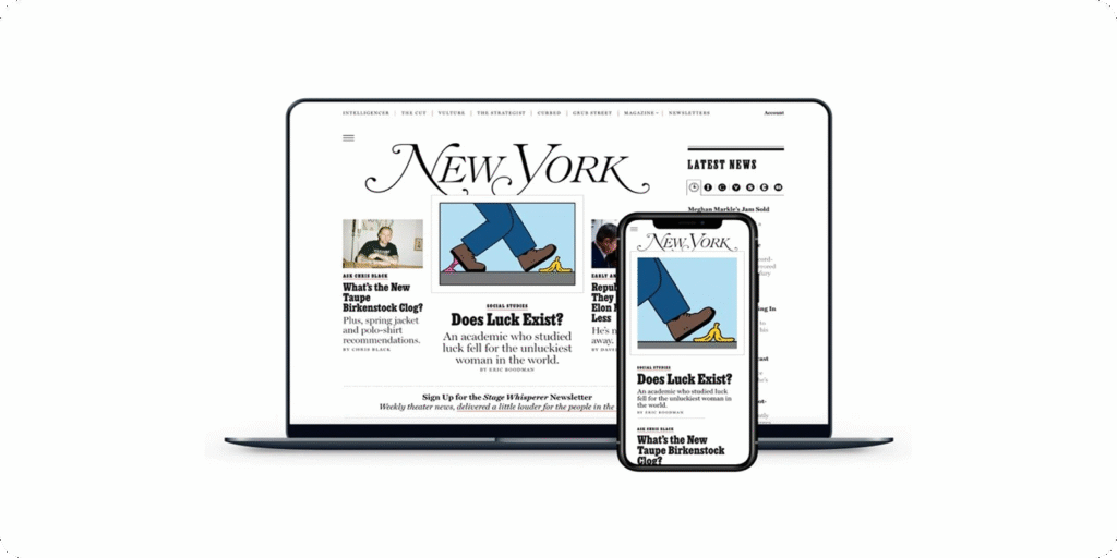 New York Magazine homepage displayed on laptop and smartphone, highlighting responsive website design New York Magazine homepage displayed on a laptop and smartphone screen, showing responsive design with article headlines