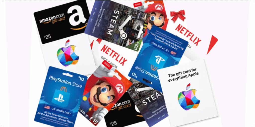 Digital gift cards engagement visual showing Amazon, Netflix, PlayStation, and Apple gift cards representing customer loyalty and rewards