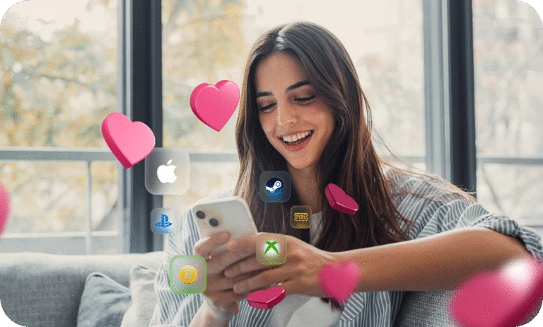 Smiling woman using smartphone surrounded by floating digital gift card icons like Apple, Steam, and PlayStation.