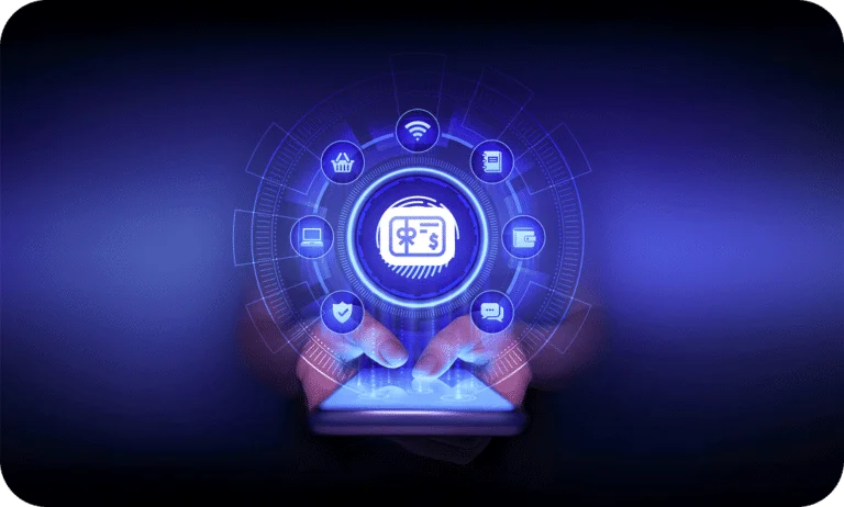 Hands using a smartphone with glowing blue digital wallet and gift card icons representing online transactions.