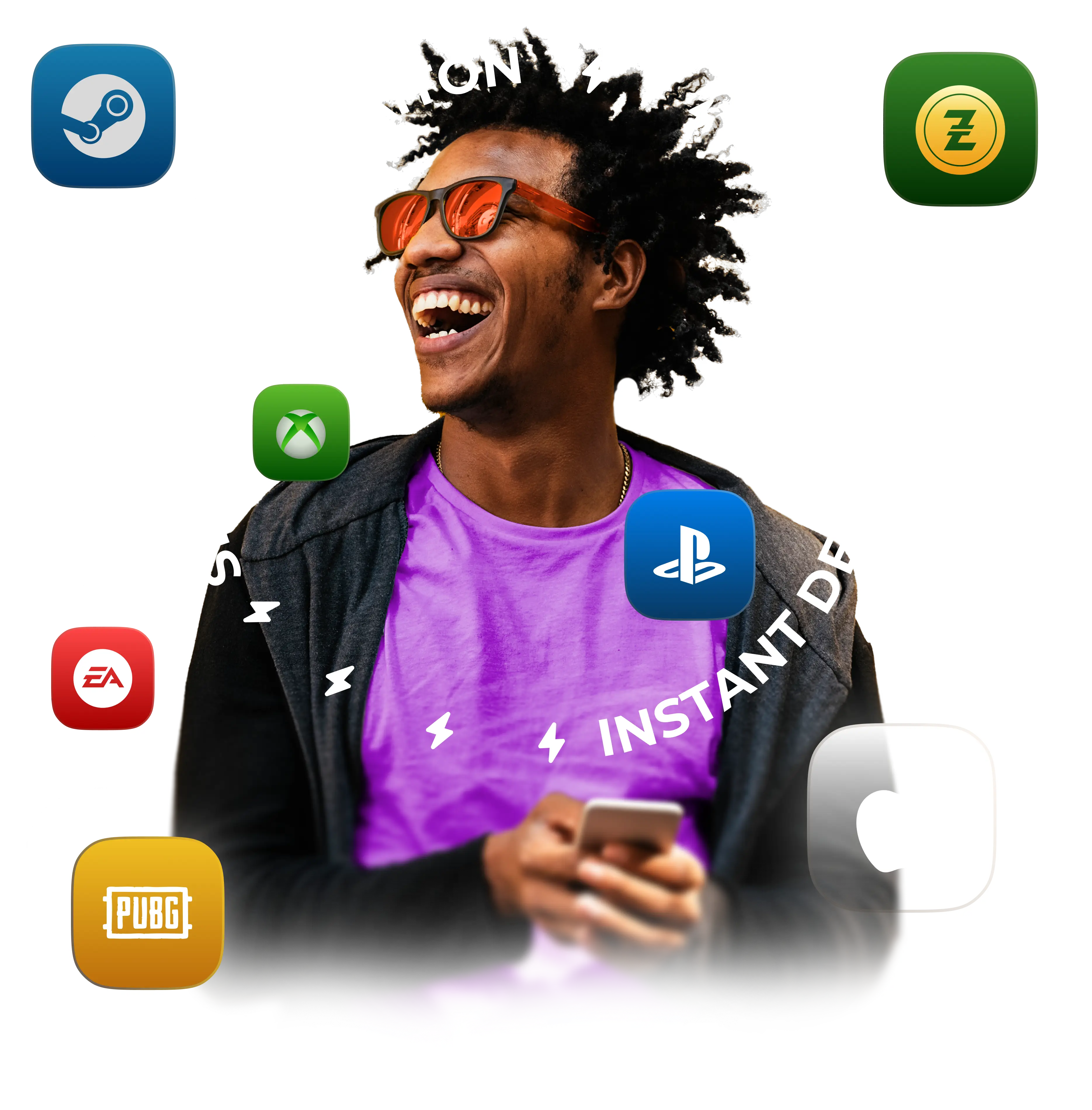 A happy man wearing sunglasses and holding a phone surrounded by popular gaming and entertainment brand icons like PlayStation, Xbox, Steam, PUBG, EA, and Razer Gold, representing WUPEX as a leading digital gift card distributor offering instant delivery and seamless global API integration.