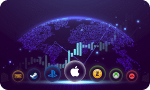 gift card analytics visual showing global digital gift card performance with Apple, PlayStation, Steam, PUBG, Xbox, and gaming brand icons on a data-driven world map