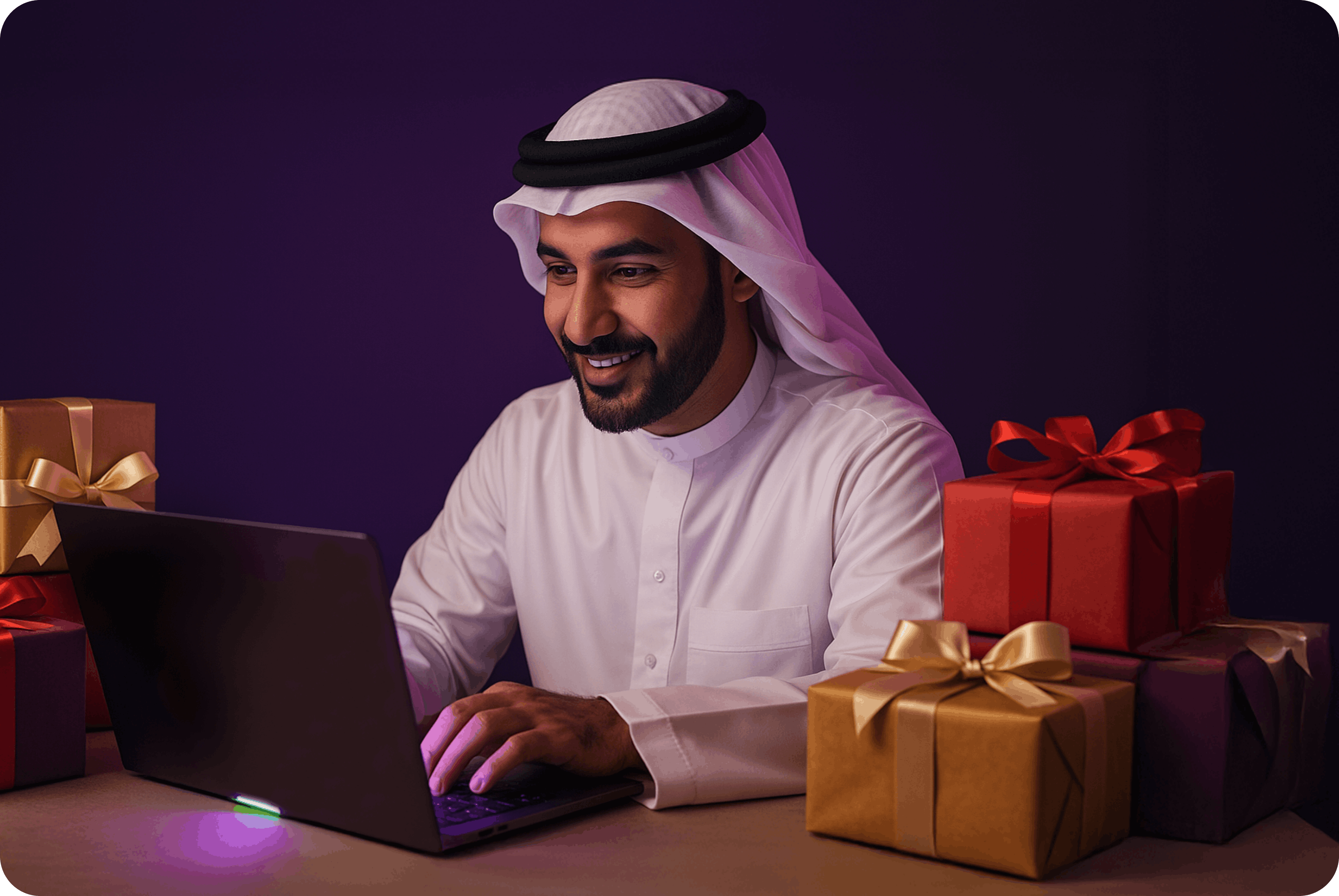 Middle Eastern man shopping online on laptop surrounded by wrapped gift boxes, representing popular digital gift cards in the MENA region.