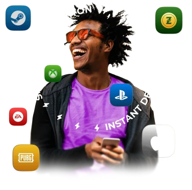 A happy man wearing sunglasses and holding a phone surrounded by popular gaming and entertainment brand icons like PlayStation, Xbox, Steam, PUBG, EA, and Razer Gold, representing WUPEX as a leading digital gift card distributor offering instant delivery and seamless global API integration.